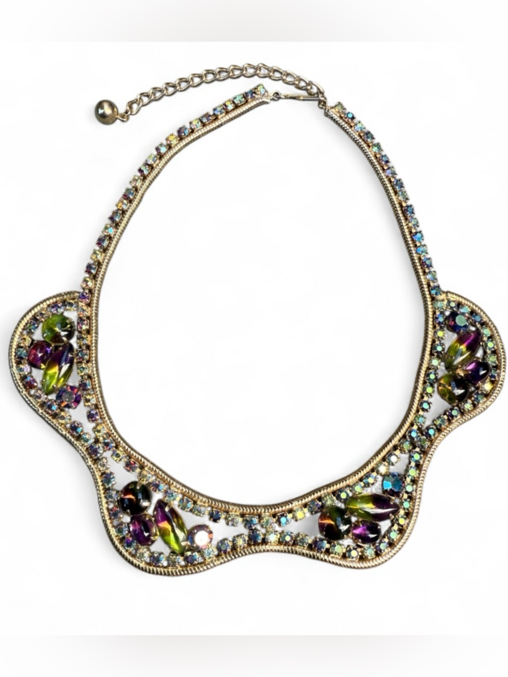 Vintage Caviness Juliana D&E Aurora Borealis Watermelon Rhinestone Necklace Gold